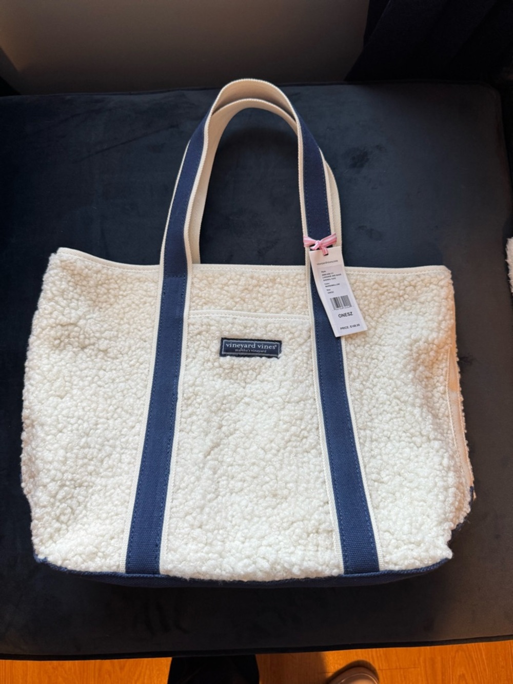 Vineyard Vines Cream Sherpa Tote with Navy Straps NWT
